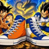 Goku et Vegeta derrière deux baskets montantes orange, bleu et blanc dans un décor Dragon Ball Z