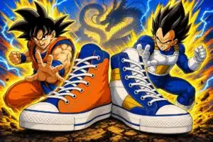 Goku et Vegeta derrière deux baskets montantes orange, bleu et blanc dans un décor Dragon Ball Z
