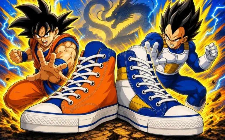 Goku et Vegeta derrière deux baskets montantes orange, bleu et blanc dans un décor Dragon Ball Z