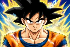 Sangoku en dessin animé DBZ entouré d’une aura lumineuse pour un quiz Dragon Ball