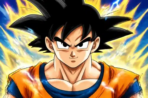 Sangoku en dessin animé DBZ entouré d’une aura lumineuse pour un quiz Dragon Ball