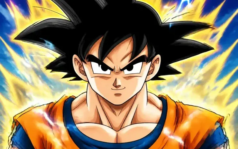 Sangoku en dessin animé DBZ entouré d’une aura lumineuse pour un quiz Dragon Ball