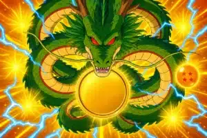 Shenron enroulé autour d’une médaille dorée avec une Dragon Ball à quatre étoiles