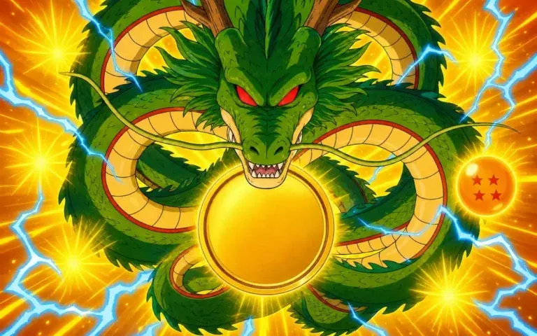 Shenron enroulé autour d’une médaille dorée avec une Dragon Ball à quatre étoiles