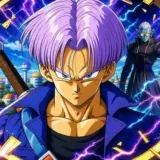 Future Trunks devant Conton City et une faille temporelle violette dans un style Dragon Ball Z