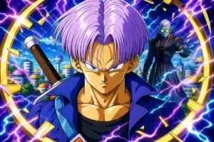 Future Trunks devant Conton City et une faille temporelle violette dans un style Dragon Ball Z