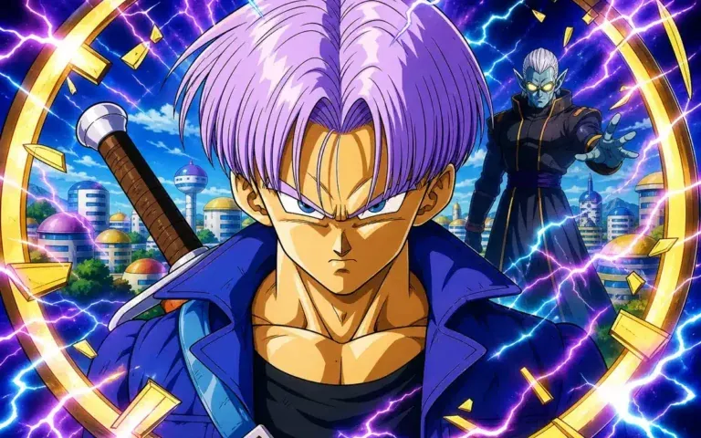 Future Trunks devant Conton City et une faille temporelle violette dans un style Dragon Ball Z
